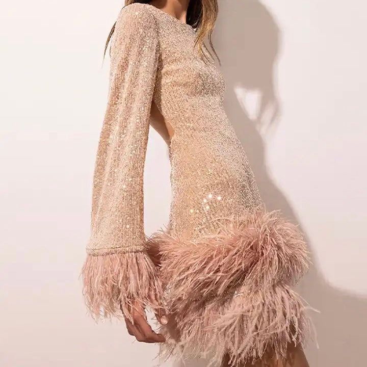 Avencea Dress with Feather Hem and Sequins