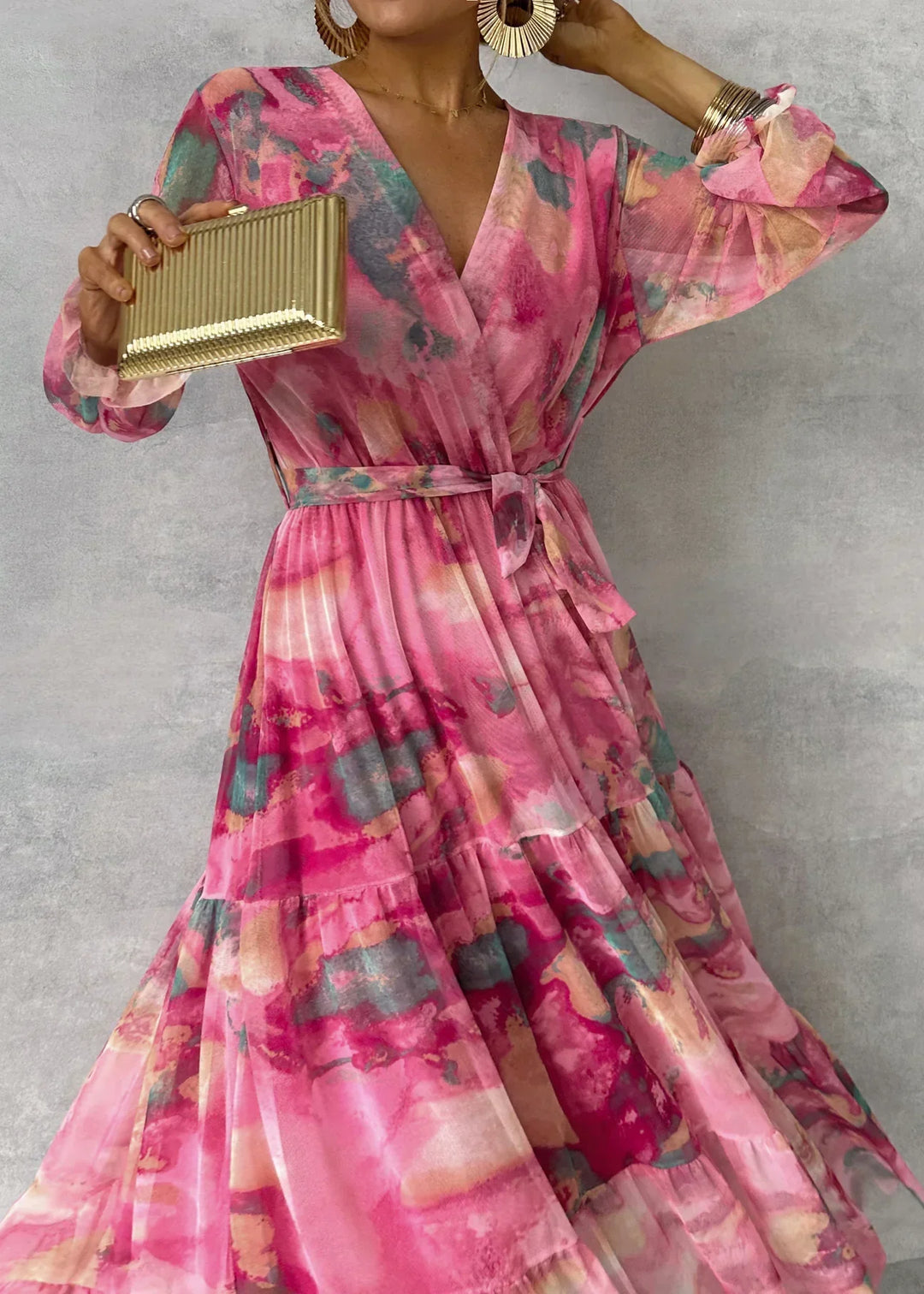 Women's Wrap Dress with Floral Pattern and Long Sleeves | Maxi