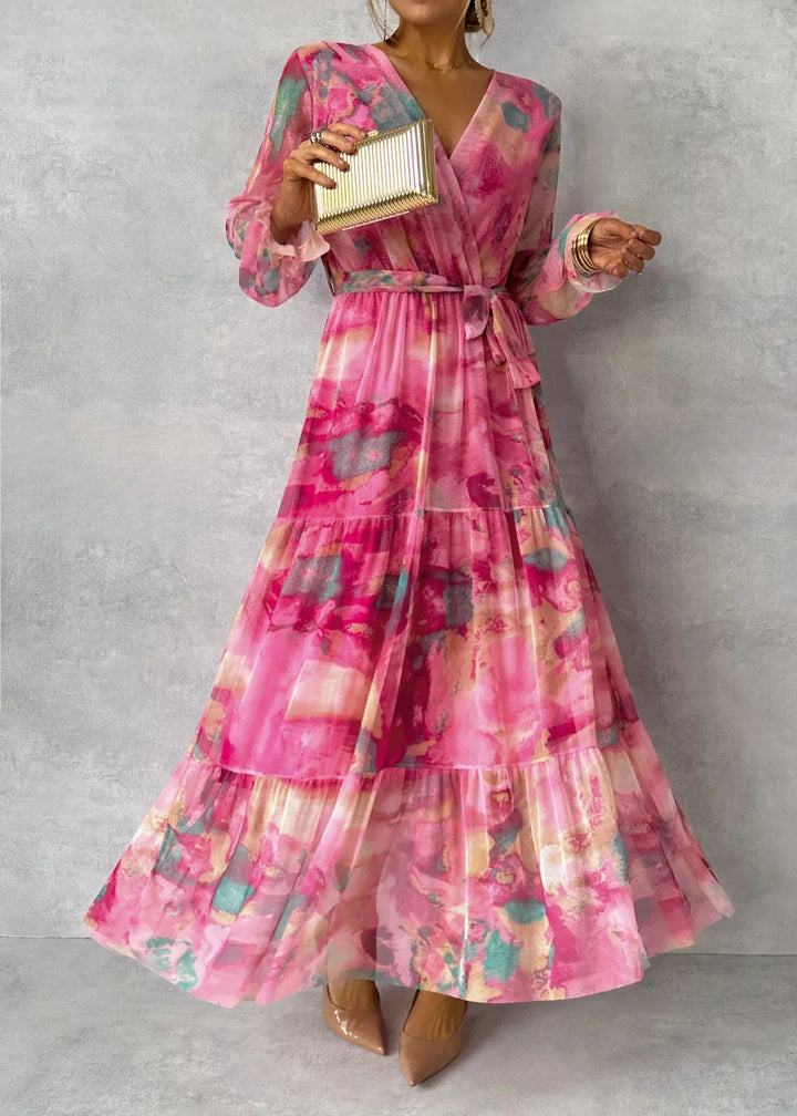 Women's Wrap Dress with Floral Pattern and Long Sleeves | Maxi