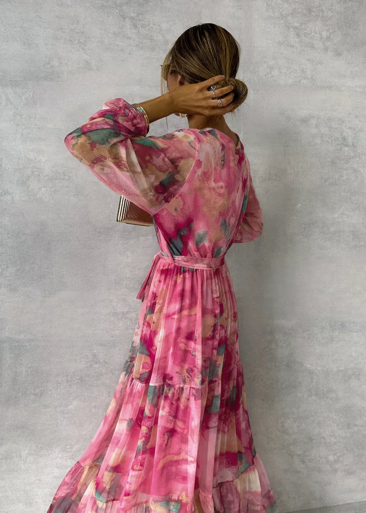 Women's Wrap Dress with Floral Pattern and Long Sleeves | Maxi