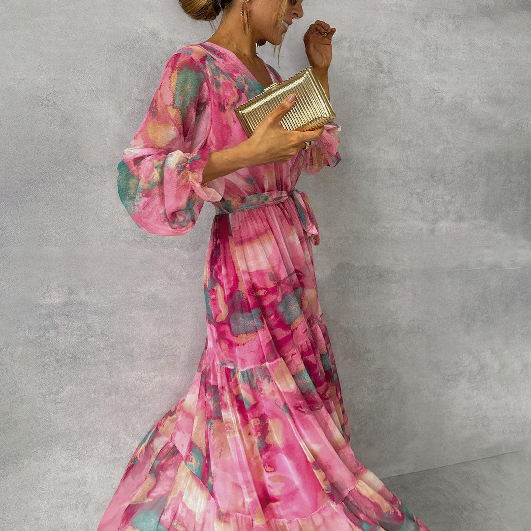 Women's Wrap Dress with Floral Pattern and Long Sleeves | Maxi