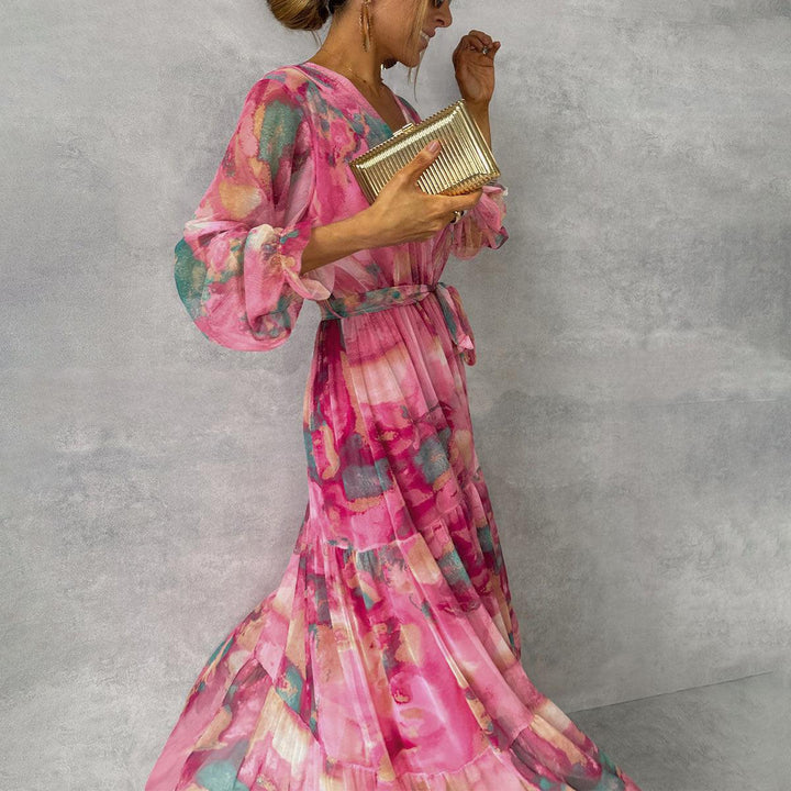 Women's Wrap Dress with Floral Pattern and Long Sleeves | Maxi