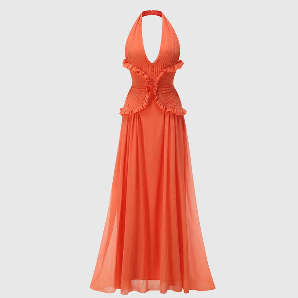 Marlowe | Women's Halter Ruffle A-Line Maxi Wedding Guest Dress