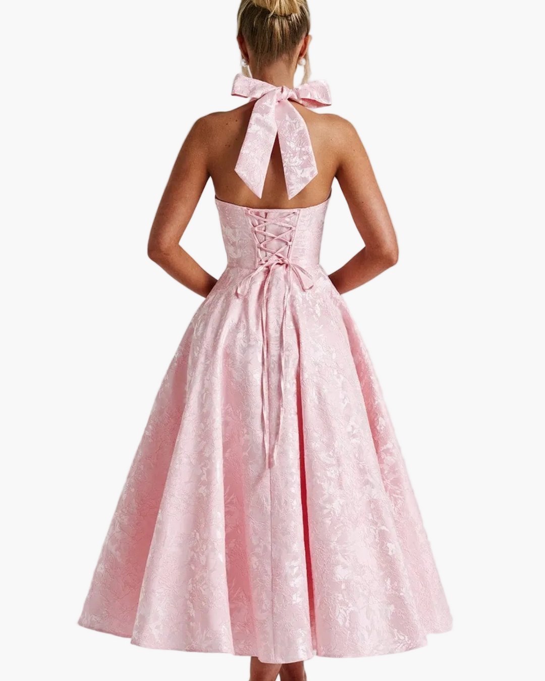 Wedding Guest Halter Midi Dress with Flared Skirt for Women
