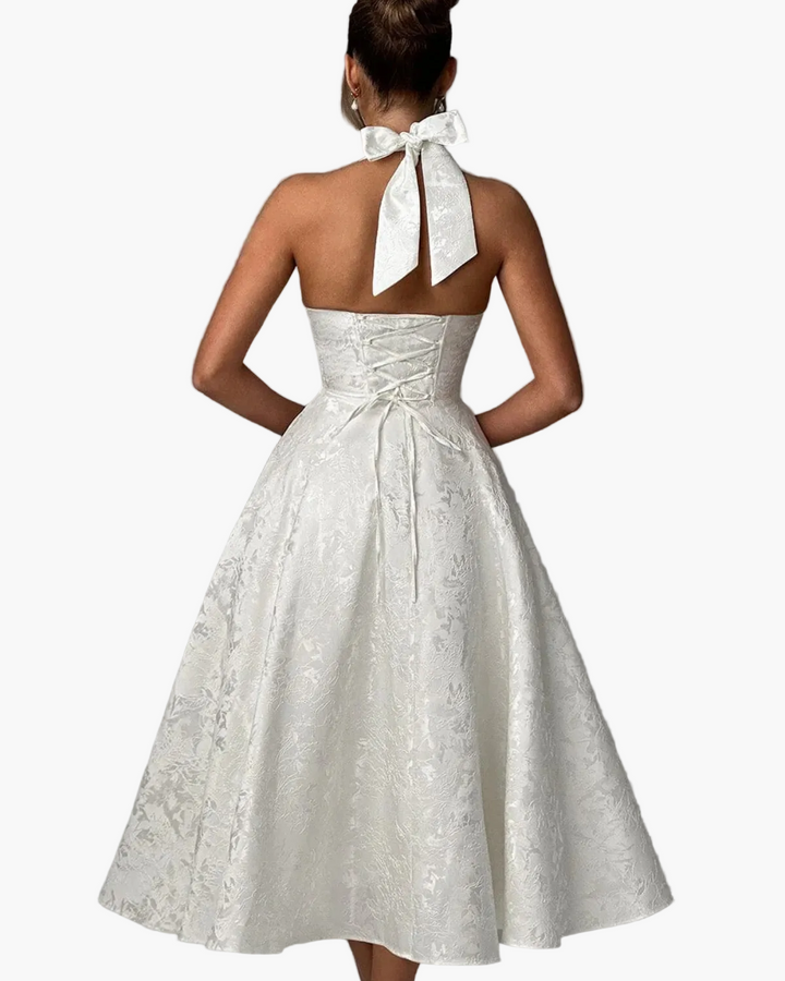 Wedding Guest Halter Midi Dress with Flared Skirt for Women