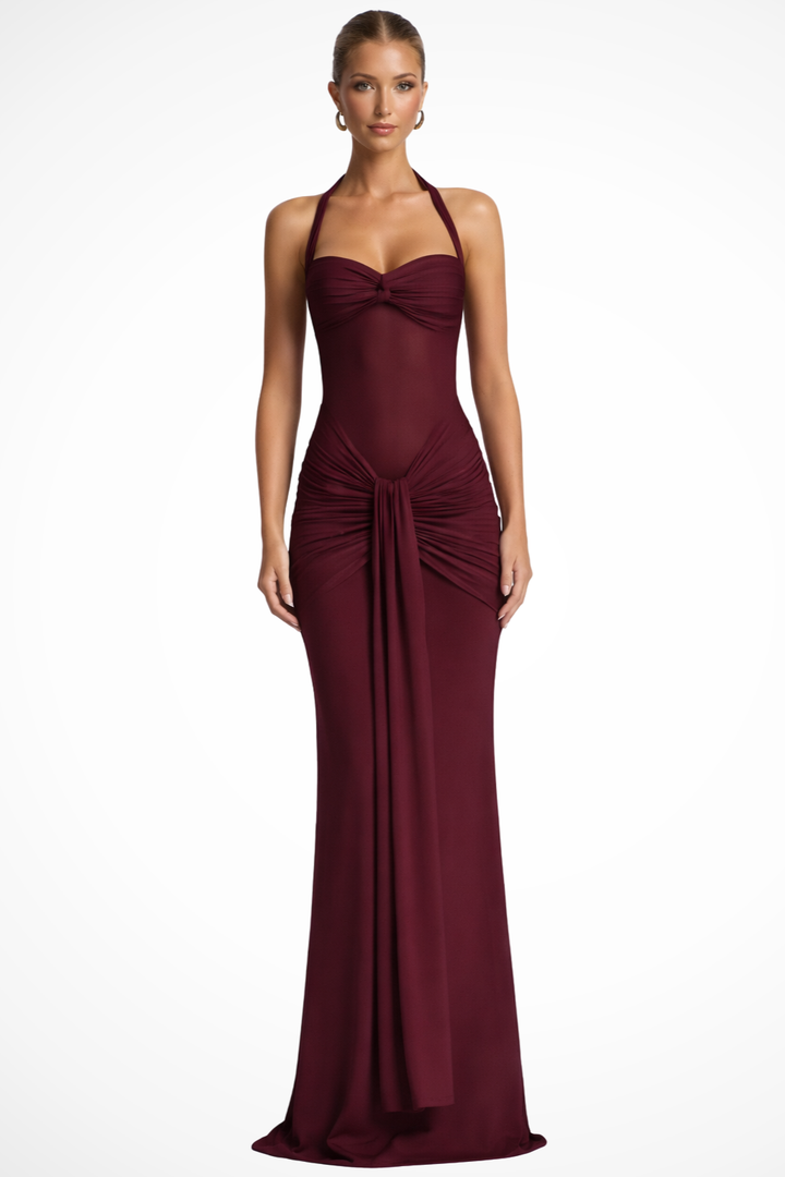 Celine | Women Halter Neck Ruched Wedding Guest Maxi Dress