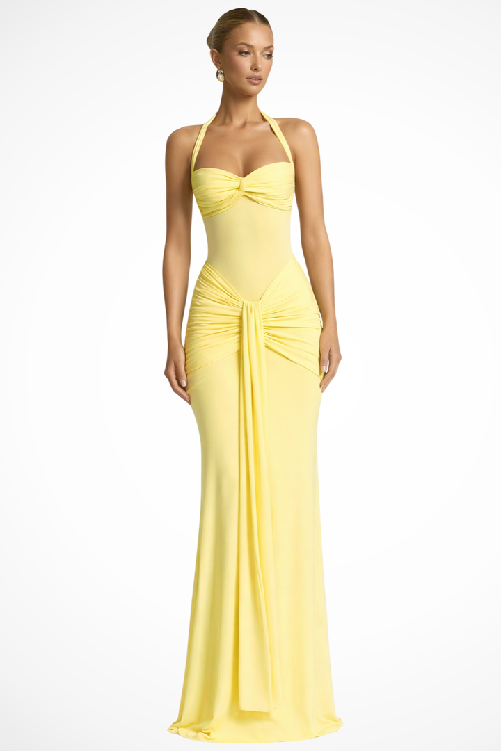 Celine | Women Halter Neck Ruched Wedding Guest Maxi Dress