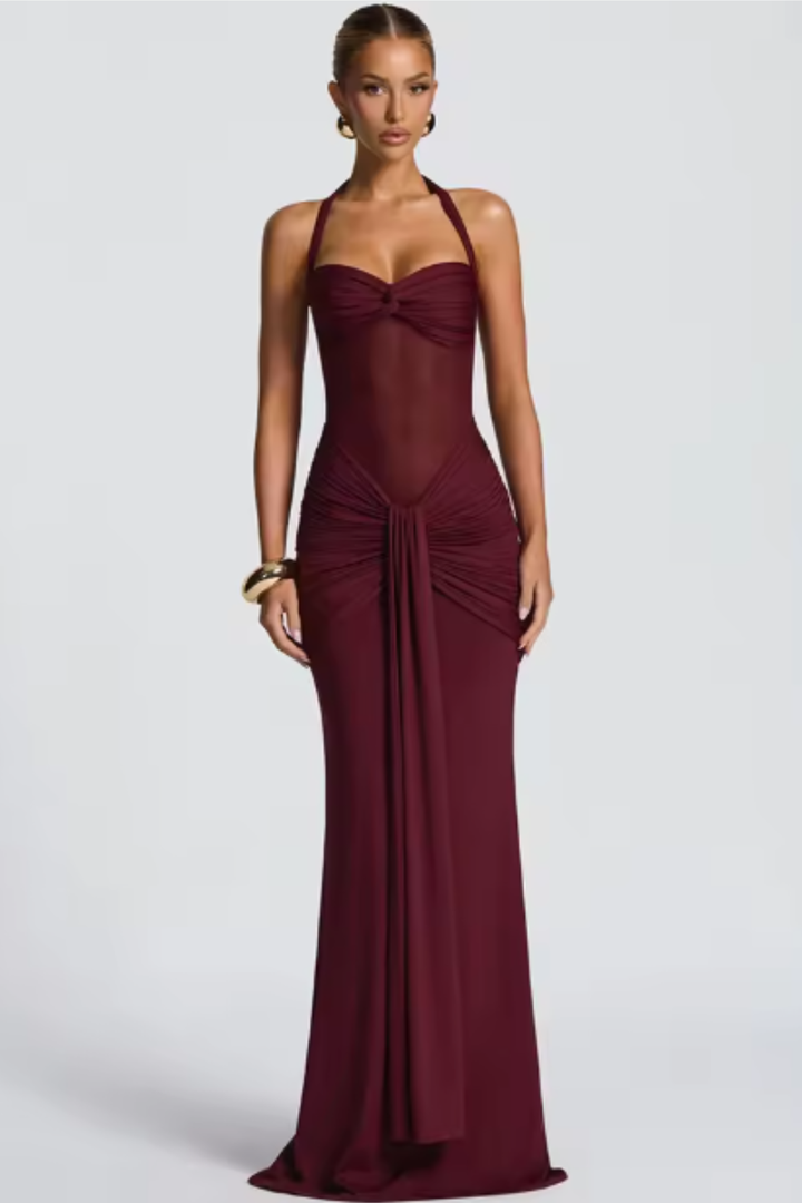 Celine | Women Halter Neck Ruched Wedding Guest Maxi Dress
