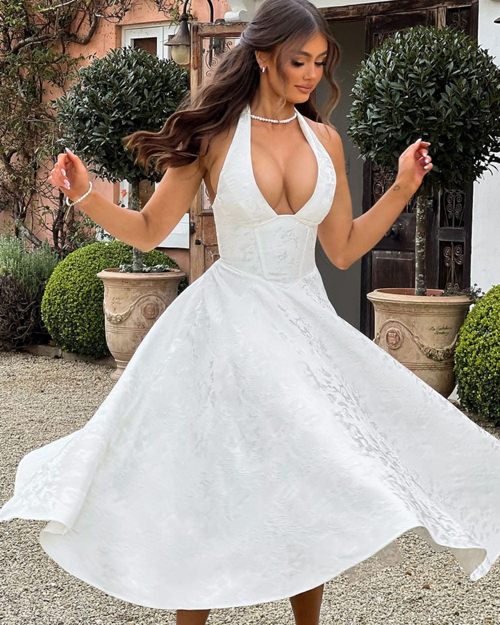 Wedding Guest Halter Midi Dress with Flared Skirt for Women