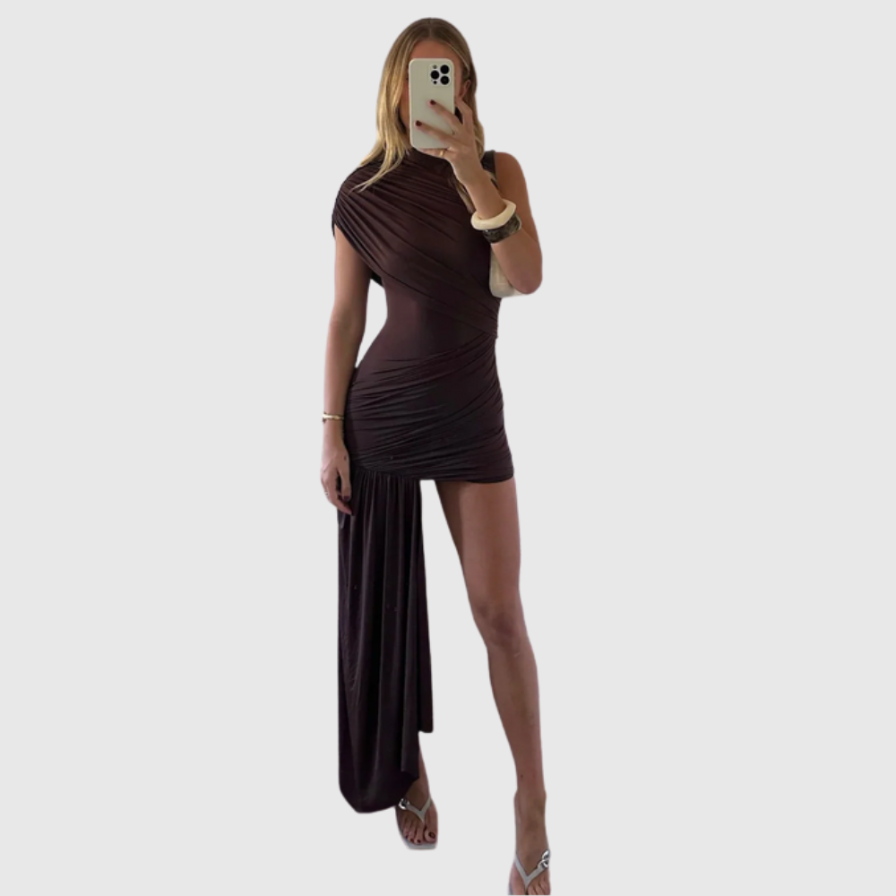 Jenna | Women's High Neck Ruched Draped Mini Cocktail Dress