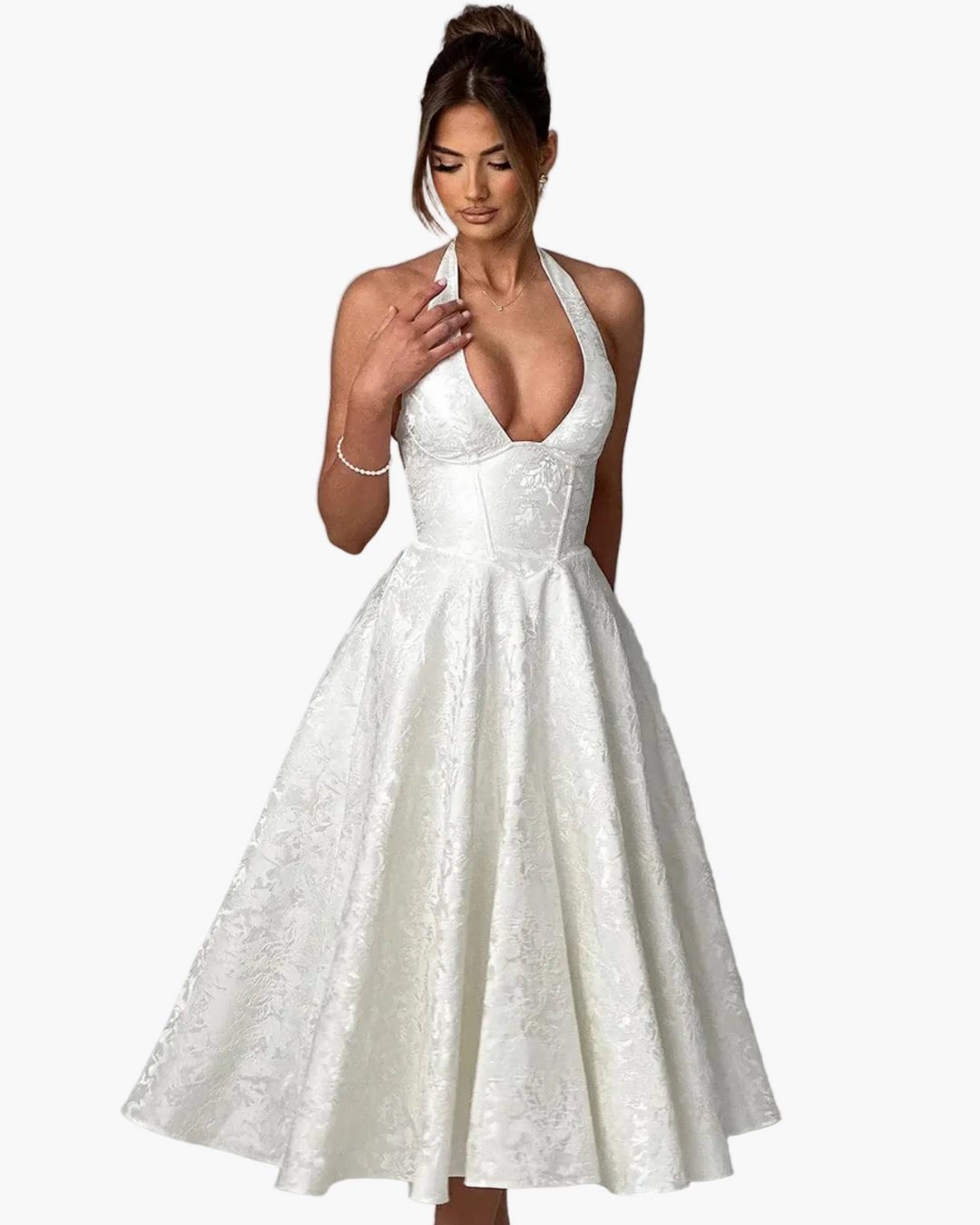 Wedding Guest Halter Midi Dress with Flared Skirt for Women