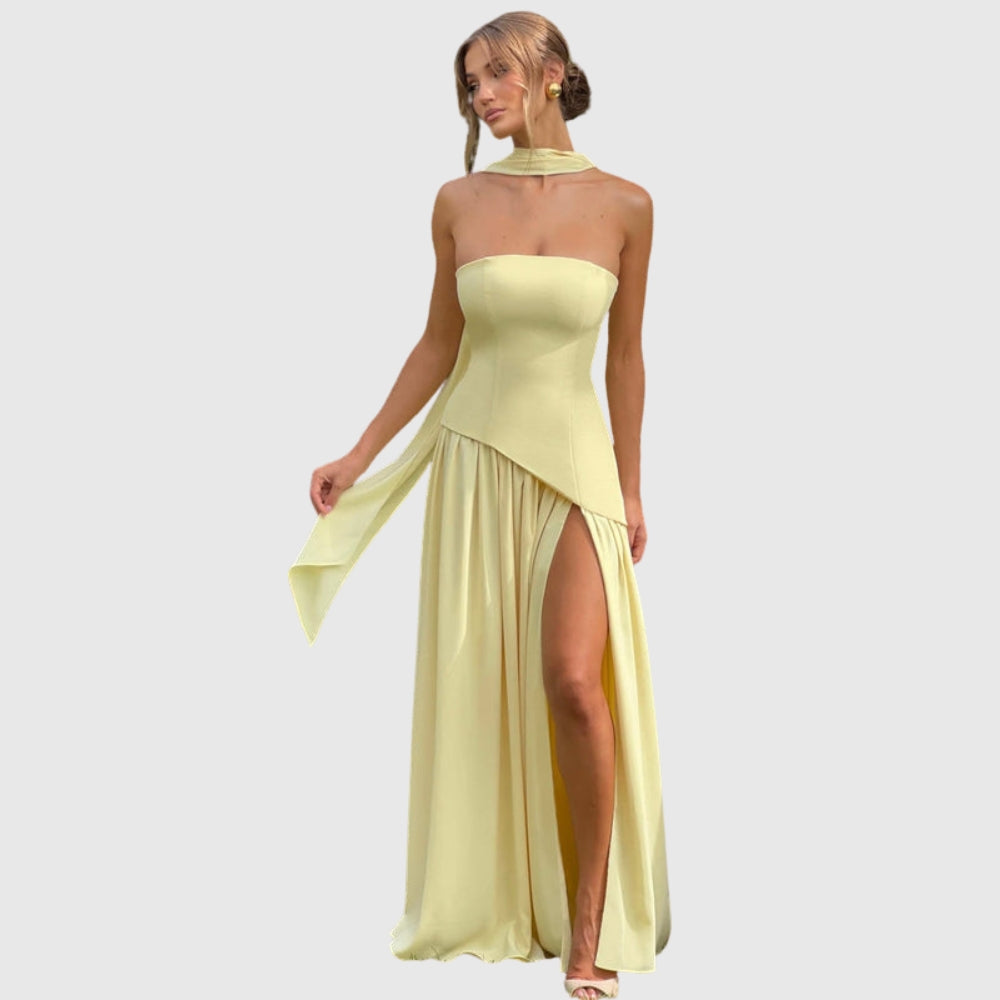 Lucinda | Women's Strapless Maxi Wedding Guest Dress with Scarf