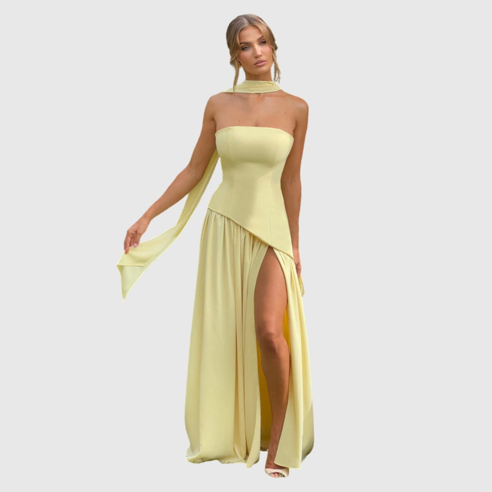 Lucinda | Women's Strapless Maxi Wedding Guest Dress with Scarf