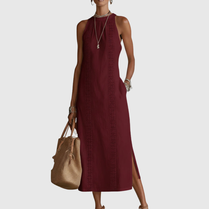 Jimena | Linen Midi Dress with Mao Collar