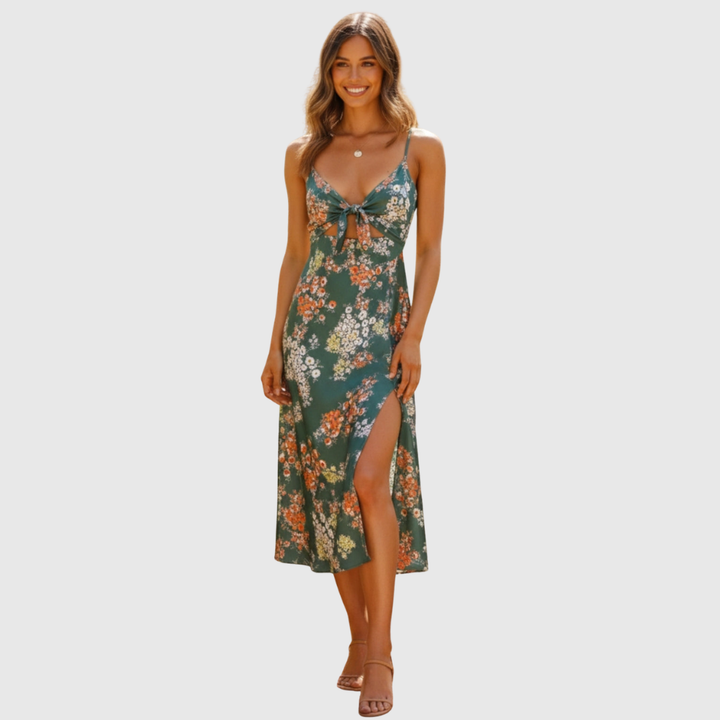 Evelina | Women's Floral Tie Front Sleeveless Slit Midi Summer Dress
