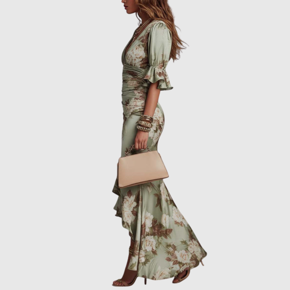 Anna | Long asymmetric green satin dress with a V-neckline