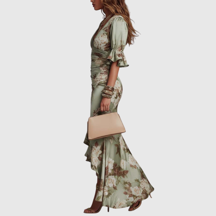 Anna | Long asymmetric green satin dress with a V-neckline