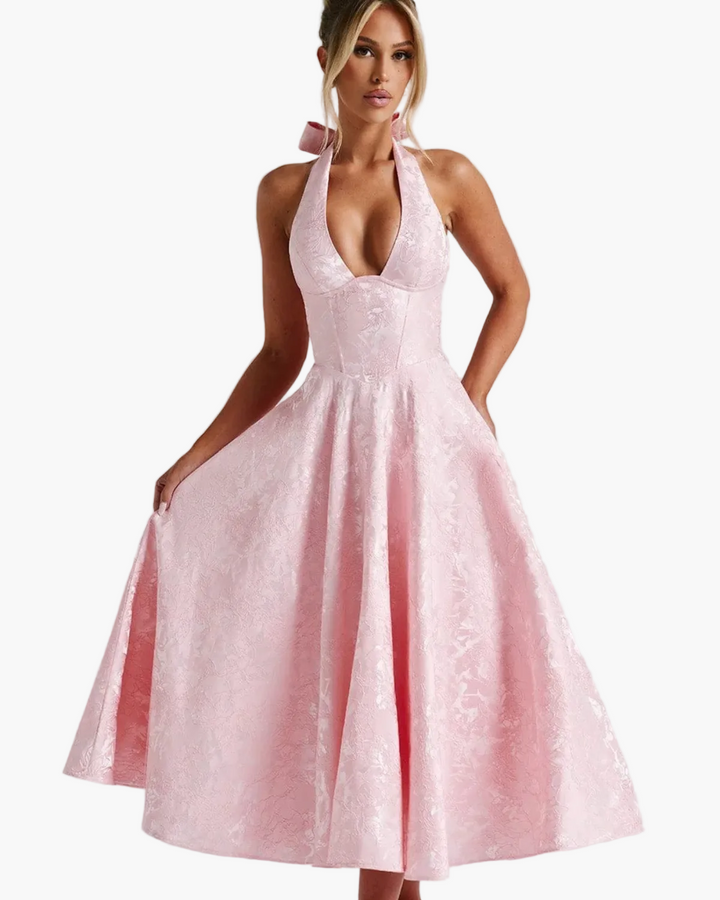 Wedding Guest Halter Midi Dress with Flared Skirt for Women