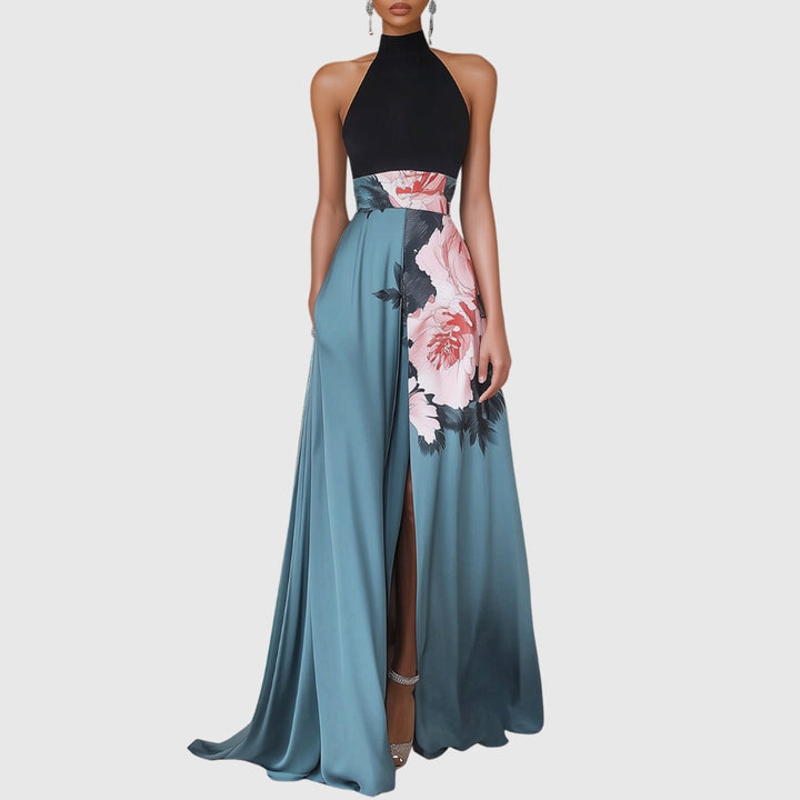 Janelle™ | Black Slit Floral Classic Crew Neck Sleeveless A-Line Maxi Dress