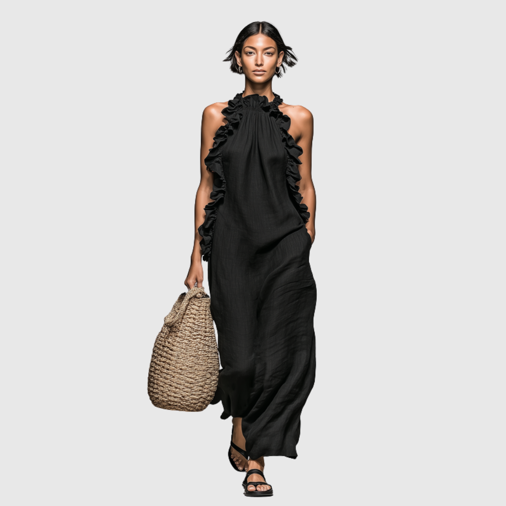 Women's Minimalist Linen-blend Sleeveless Maxi Dress With Ruffle