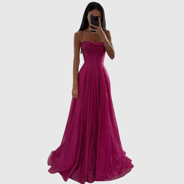 Leonida satin maxi dress for women | long sleeves, open back & elegant winter evening look