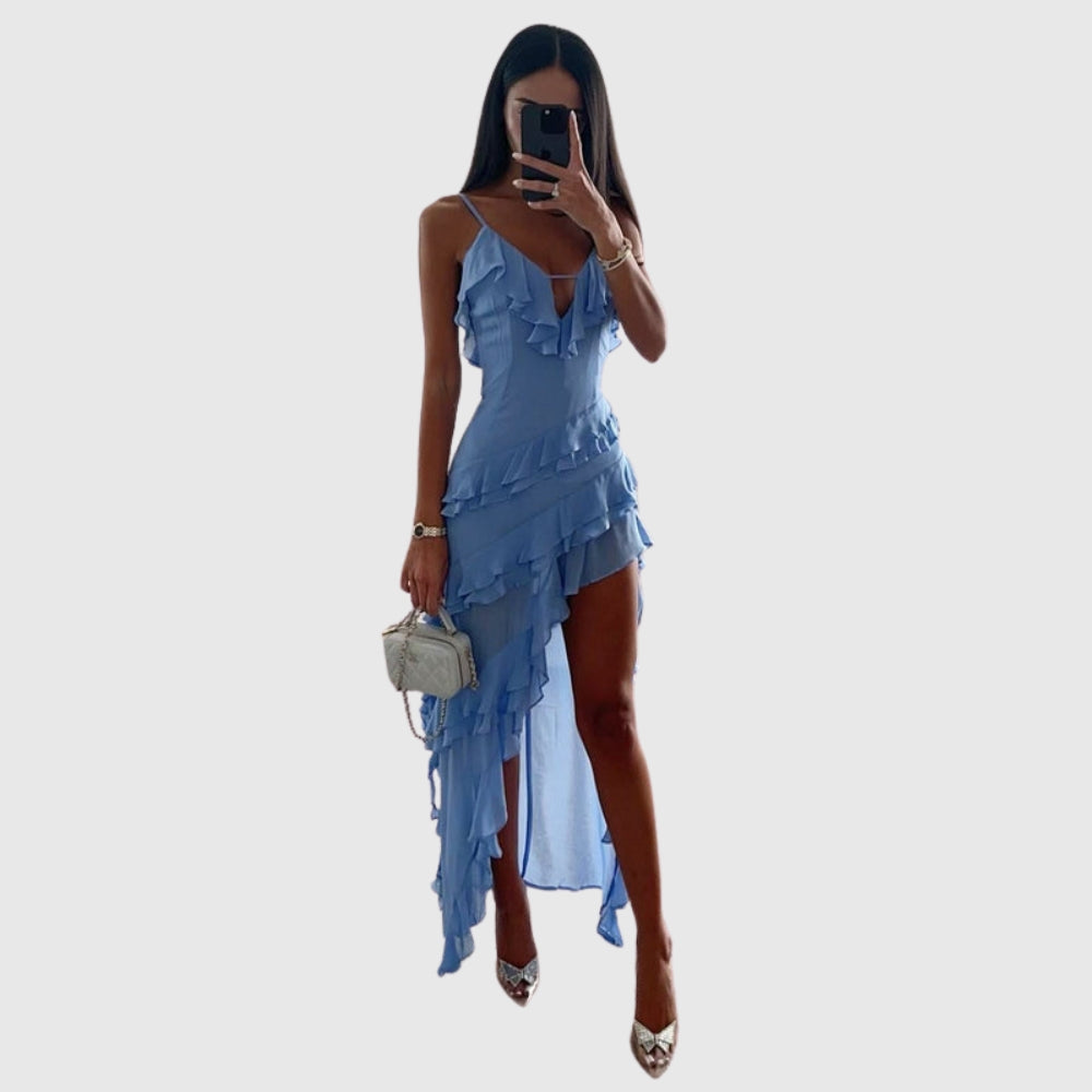 Mireya | Women's Sleeveless Ruffled Maxi Wedding Guest Dress with Split