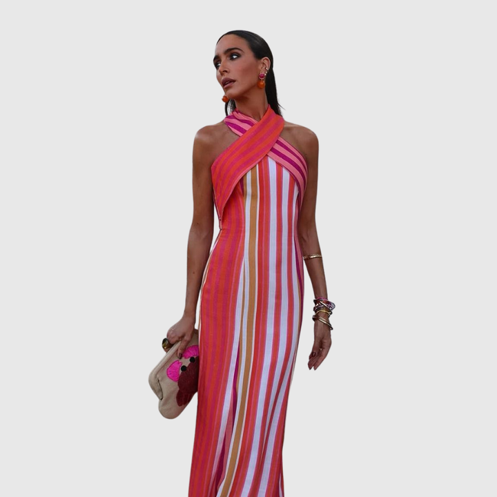Sunset Samba Cross-Halter Stripe Dress