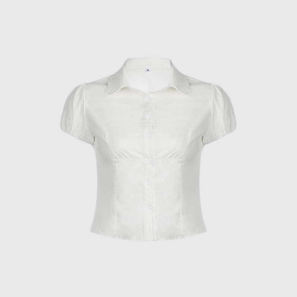 White Vintage Slim Waist V Neck Short Sleeve Shirt