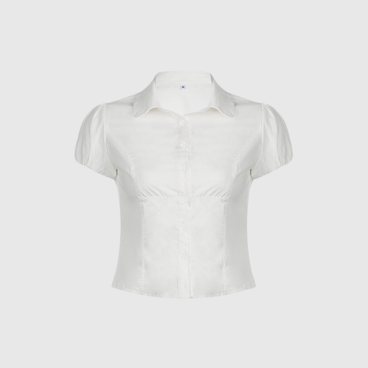 White Vintage Slim Waist V Neck Short Sleeve Shirt