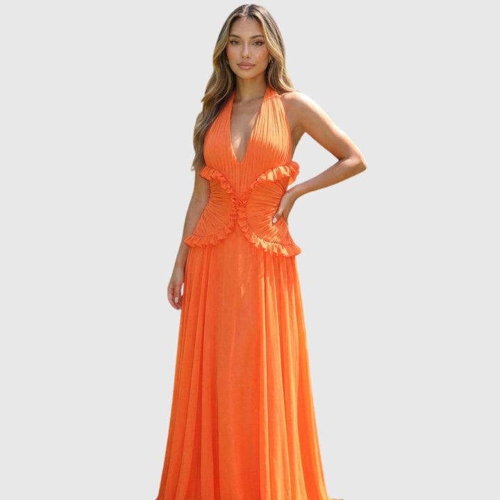 Marlowe | Women's Halter Ruffle A-Line Maxi Wedding Guest Dress