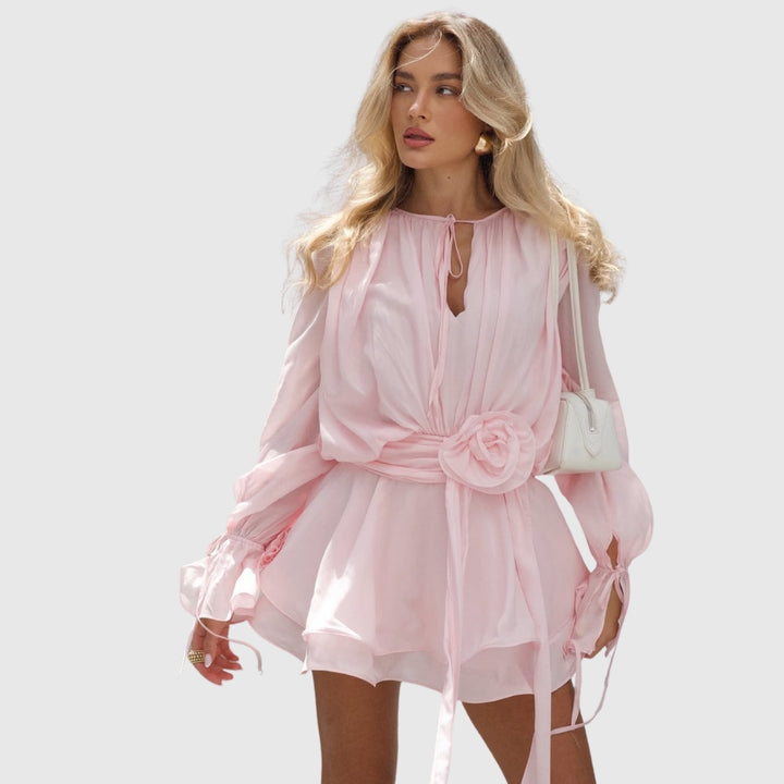 Polly | Women's Long Sleeve Mini Summer Dress with Rose Detail