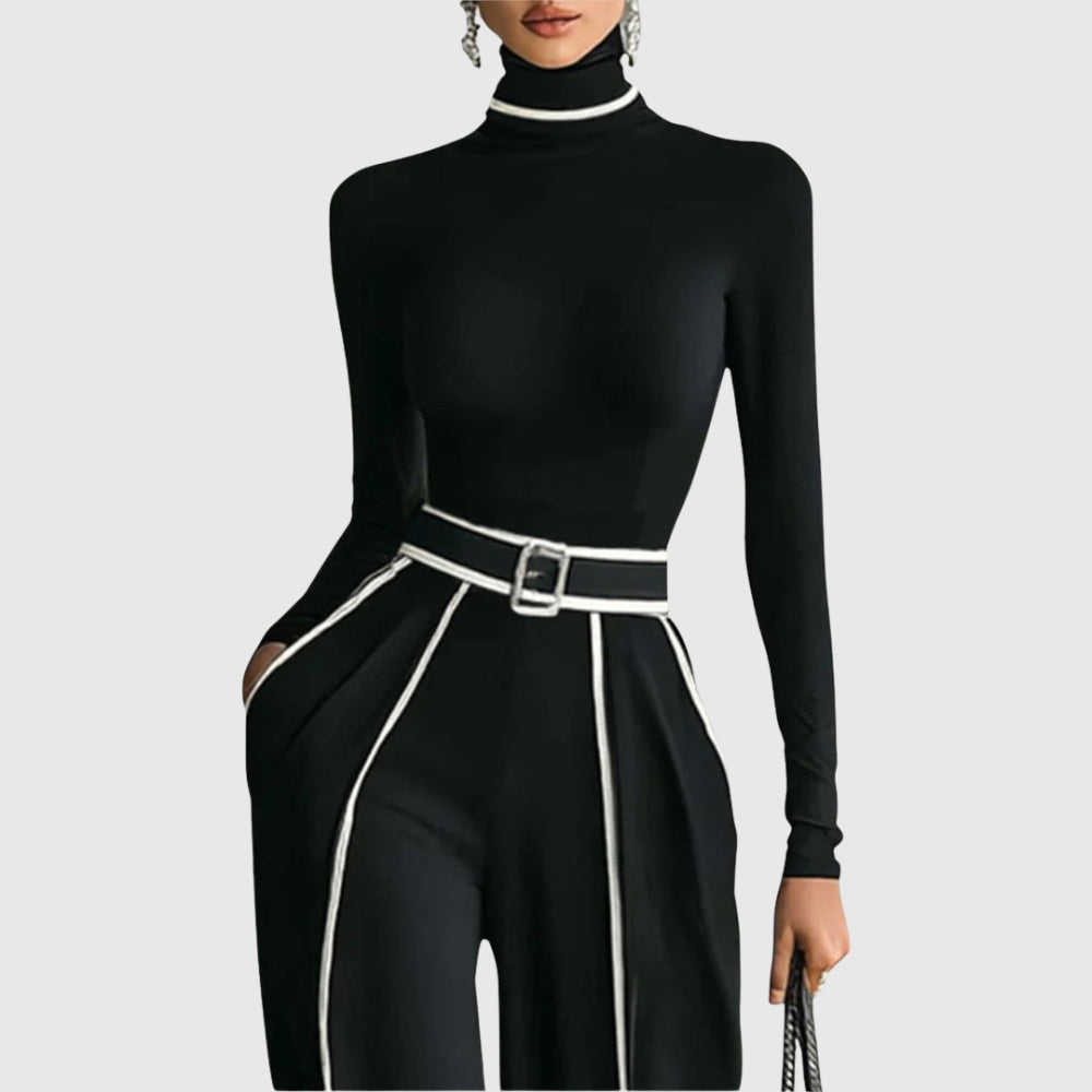Sophisticated Two-Piece Set with Turtleneck Top and Wide-Leg Pants