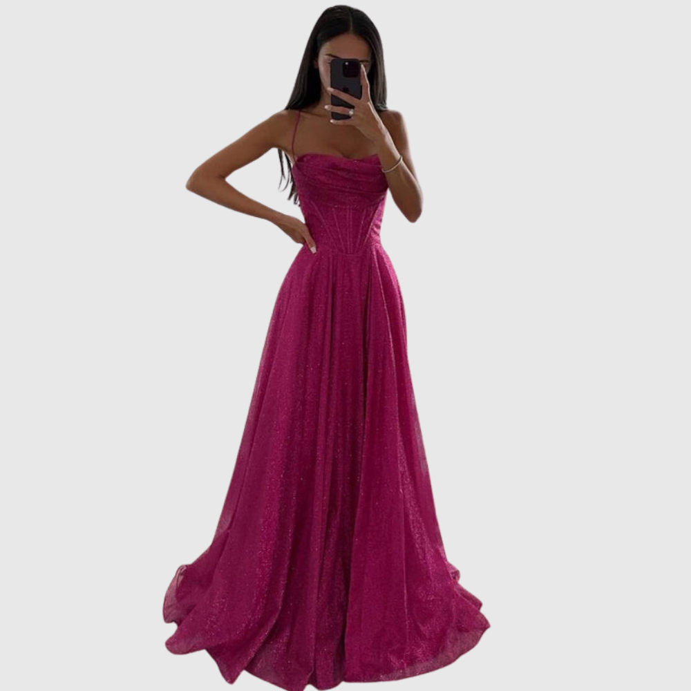 Leonida satin maxi dress for women | long sleeves, open back & elegant winter evening look