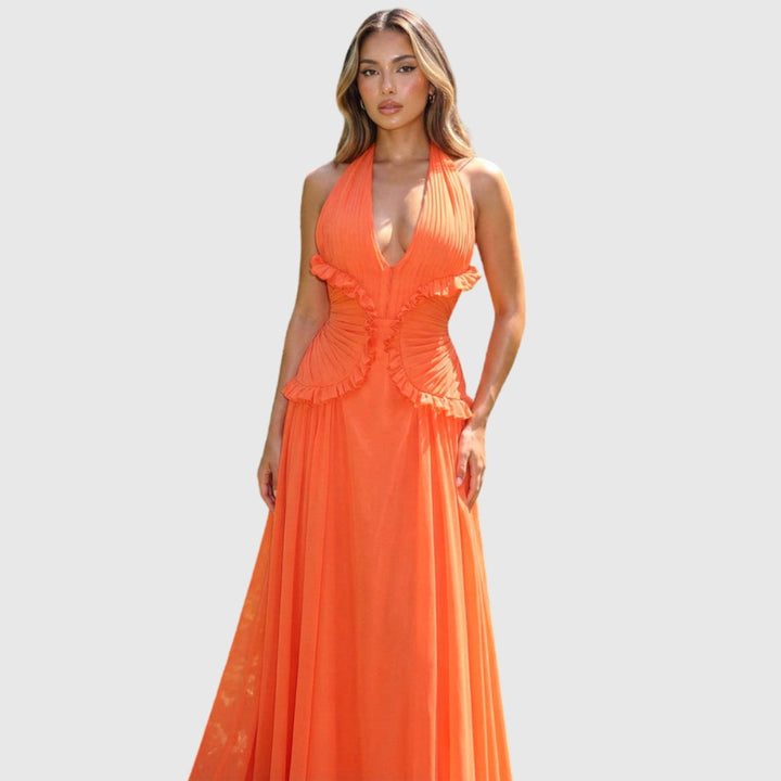 Marlowe | Women's Halter Ruffle A-Line Maxi Wedding Guest Dress