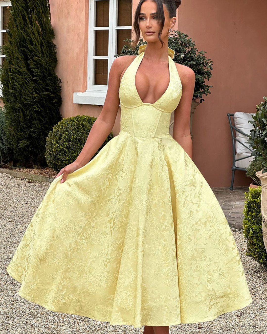Wedding Guest Halter Midi Dress with Flared Skirt for Women