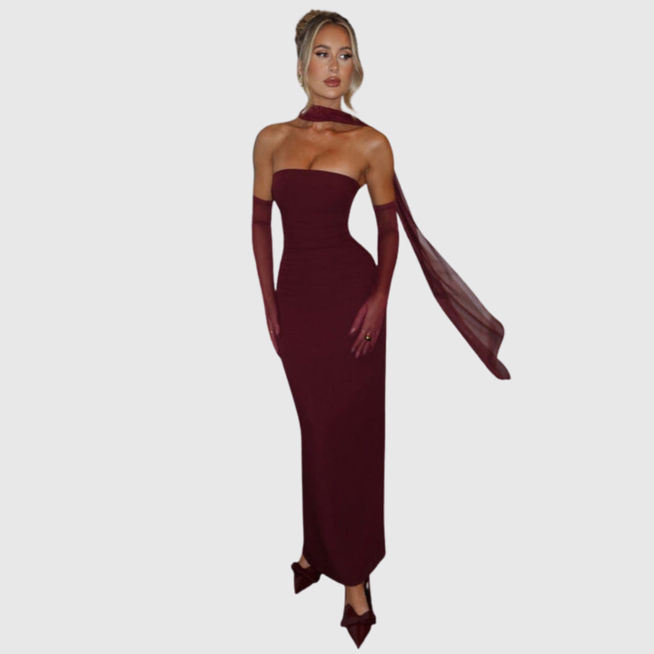 Djenna | Women's Strapless Maxi Wedding Guest Dress with Scarf