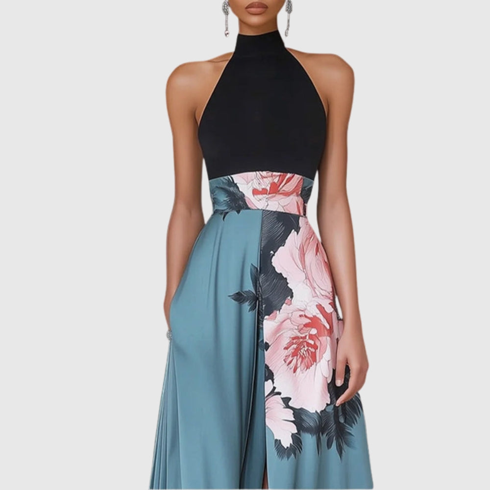 Janelle™ | Black Slit Floral Classic Crew Neck Sleeveless A-Line Maxi Dress