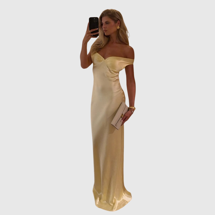Alicia | Women's Off-Shoulder Satin Maxi Wedding Guest Dress
