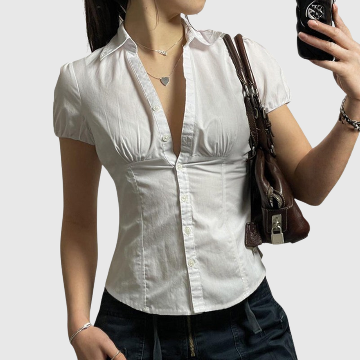 White Vintage Slim Waist V Neck Short Sleeve Shirt