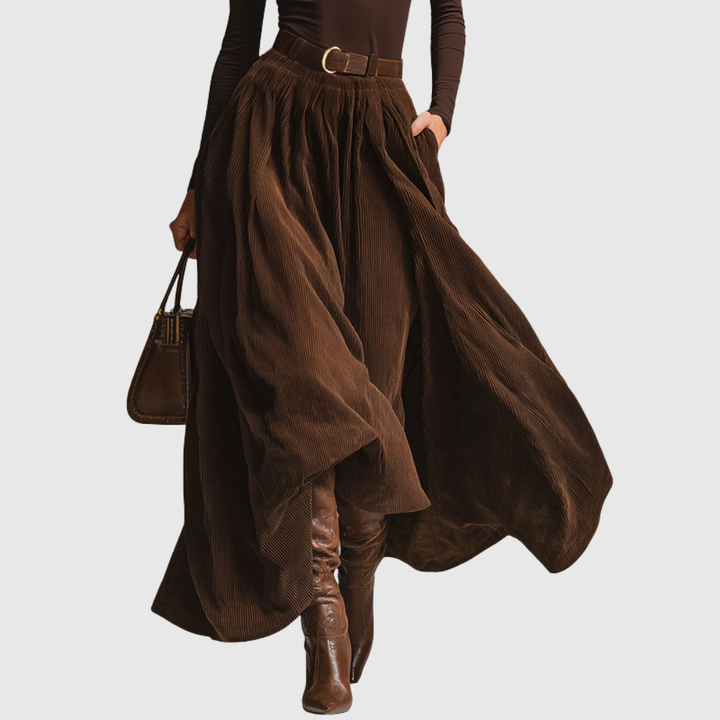 Dark Brown Turtleneck Top And Corduroy Skirt Set