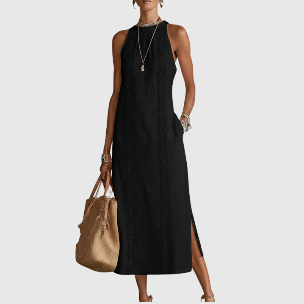 Jimena | Linen Midi Dress with Mao Collar
