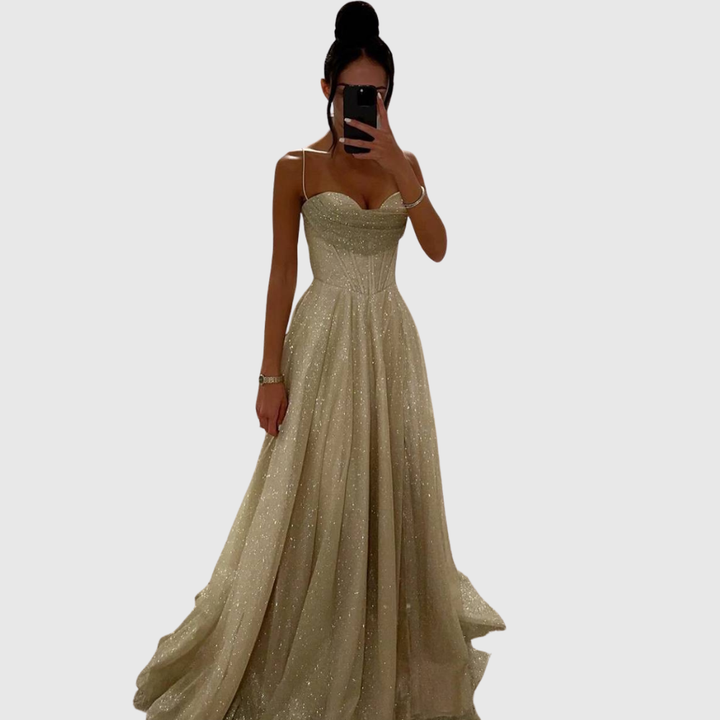Leonida satin maxi dress for women | long sleeves, open back & elegant winter evening look