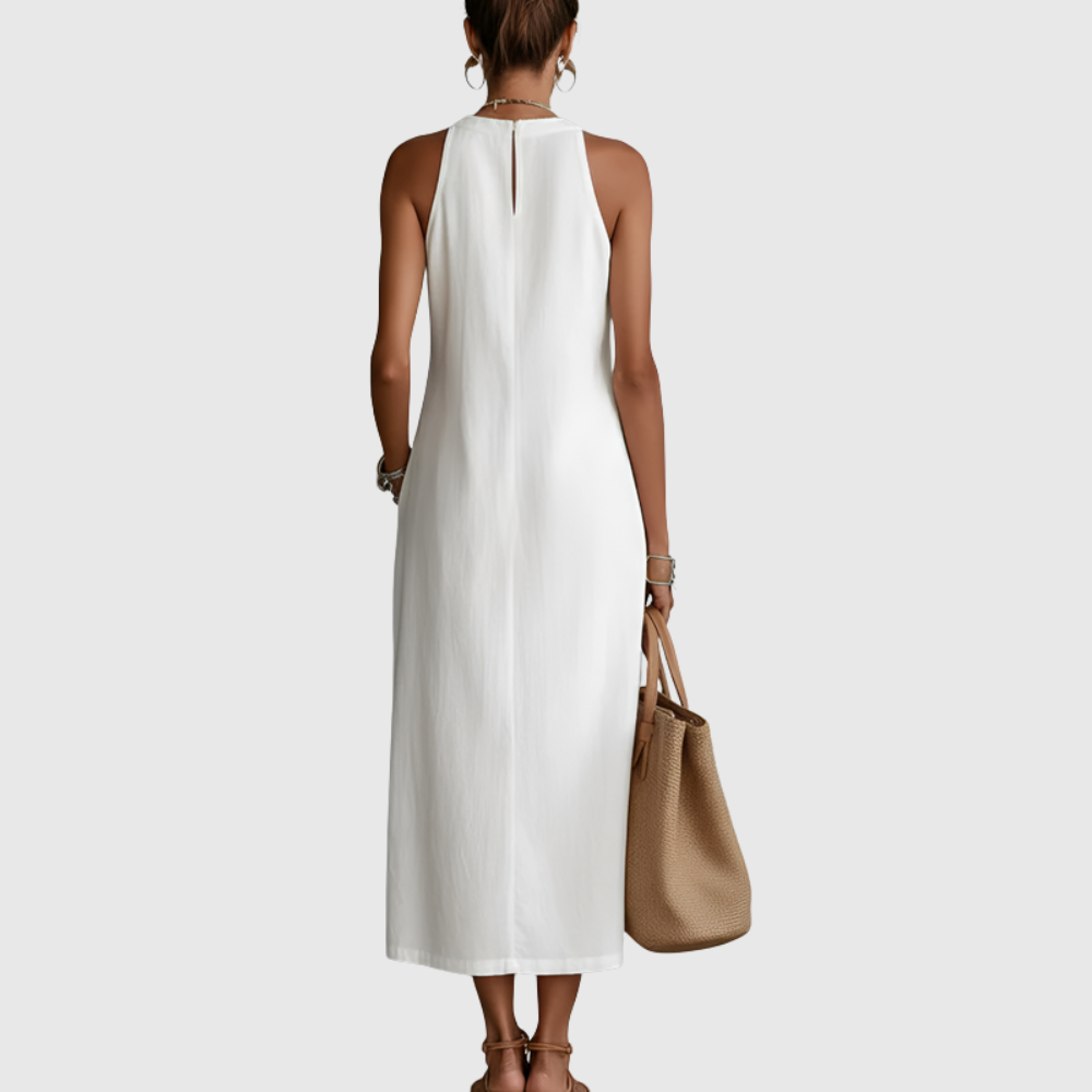 Jimena | Linen Midi Dress with Mao Collar
