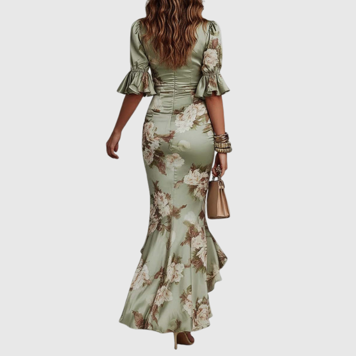 Anna | Long asymmetric green satin dress with a V-neckline