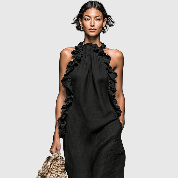 Women's Minimalist Linen-blend Sleeveless Maxi Dress With Ruffle
