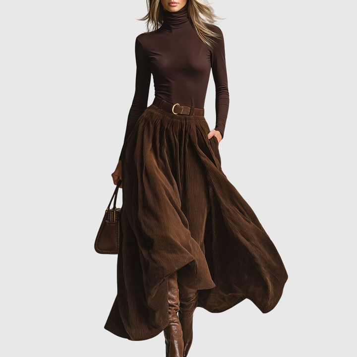 Dark Brown Turtleneck Top And Corduroy Skirt Set