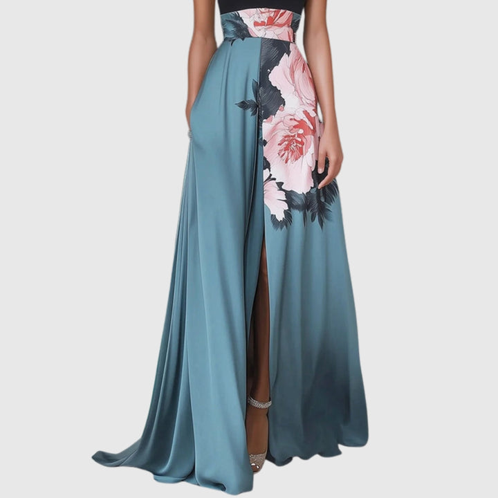 Janelle™ | Black Slit Floral Classic Crew Neck Sleeveless A-Line Maxi Dress