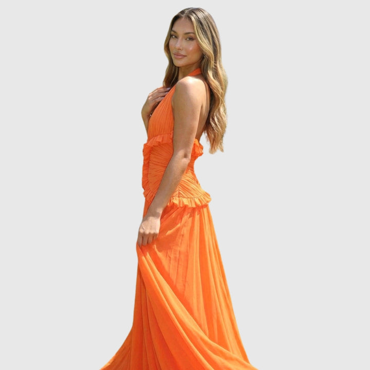 Marlowe | Women's Halter Ruffle A-Line Maxi Wedding Guest Dress