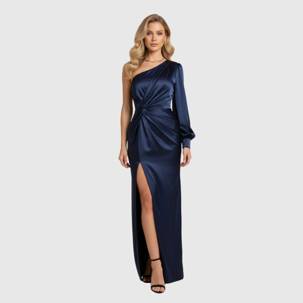 Rachel | Women's One-Shoulder Slit Satin Maxi Wedding Guest Dress