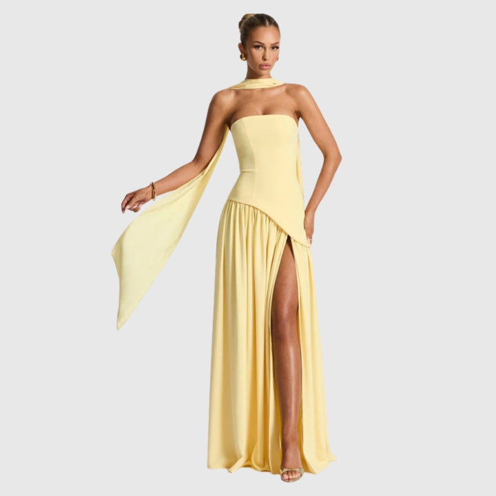Lucinda | Women's Strapless Maxi Wedding Guest Dress with Scarf